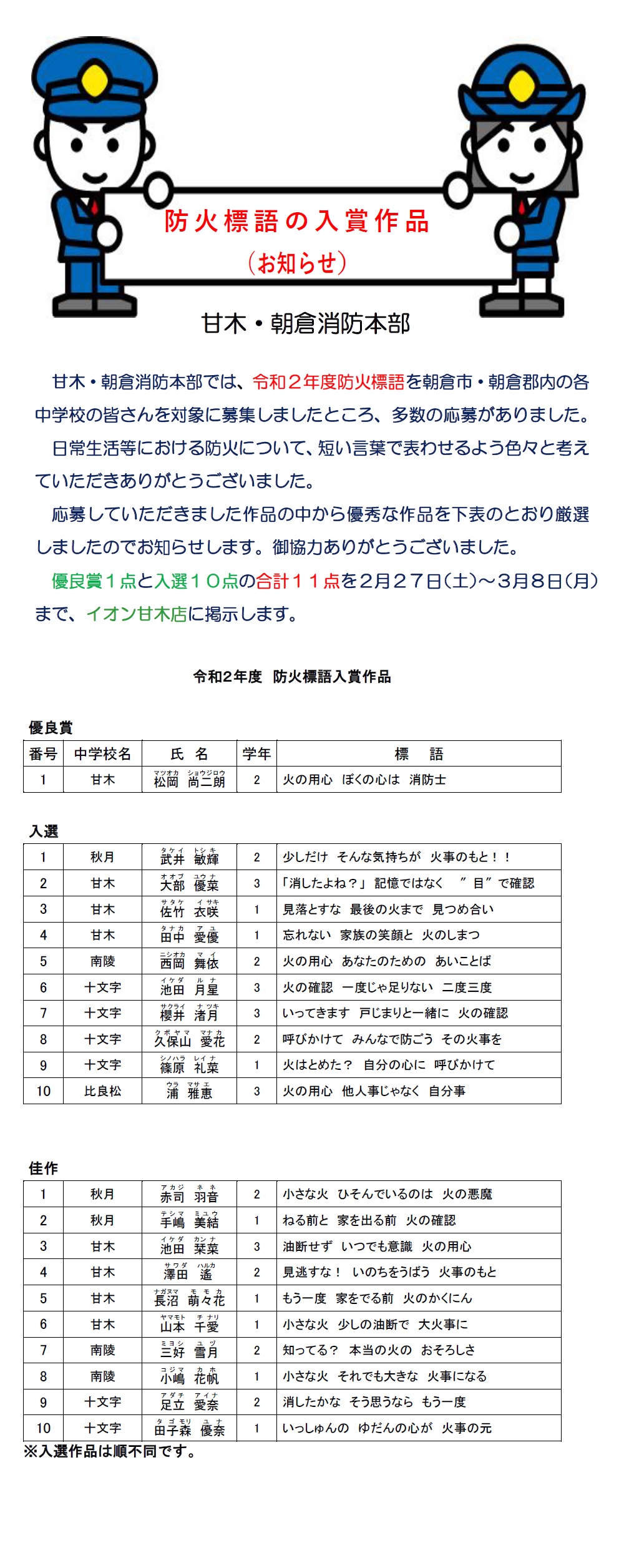 令和2年度 防火標語入賞作品 甘木 朝倉広域市町村圏事務組合 甘木 朝倉消防本部 路 みち しるべ 令和2年度 防火標語入賞作品 甘木 朝倉広域市町村圏事務組合 甘木 朝倉消防本部 路 みち しるべ